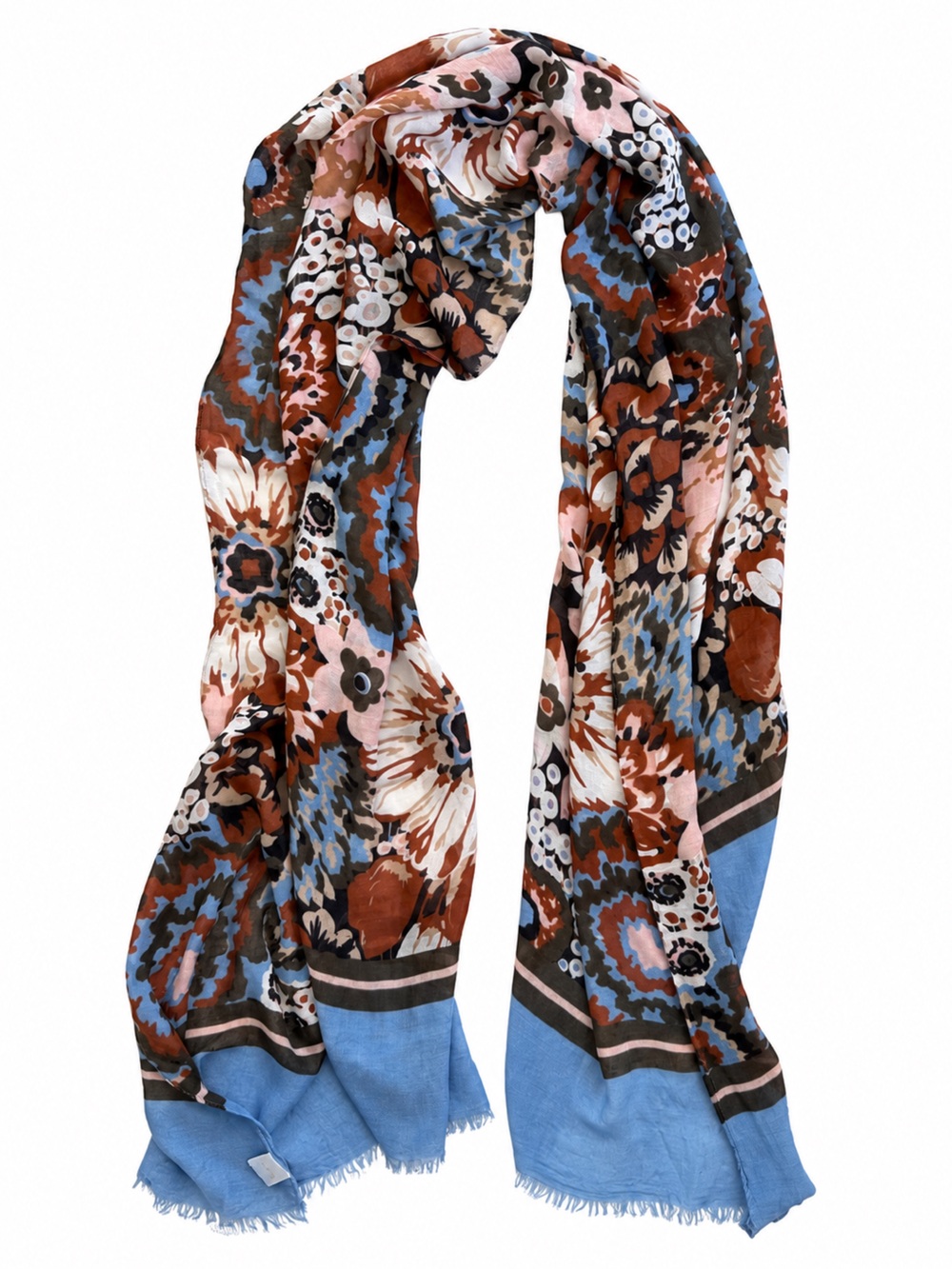 Vera Bradley Floral Scarf Blue Rust Pink 100% Rayon 26 x 76 - Picture 2 of 9